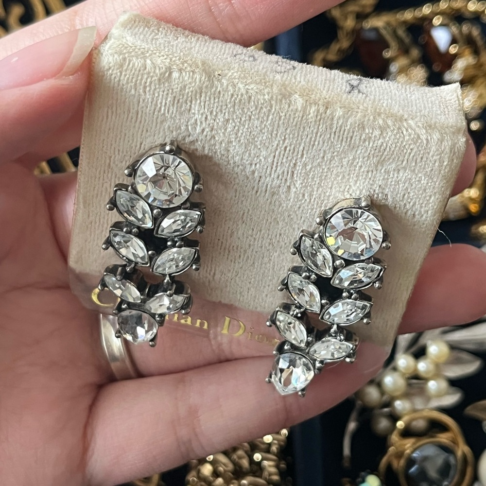 NWT Vintage Christian Dior Marquise Rhinestone Drop Patinated Silver Earrings - Picture 8 of 10